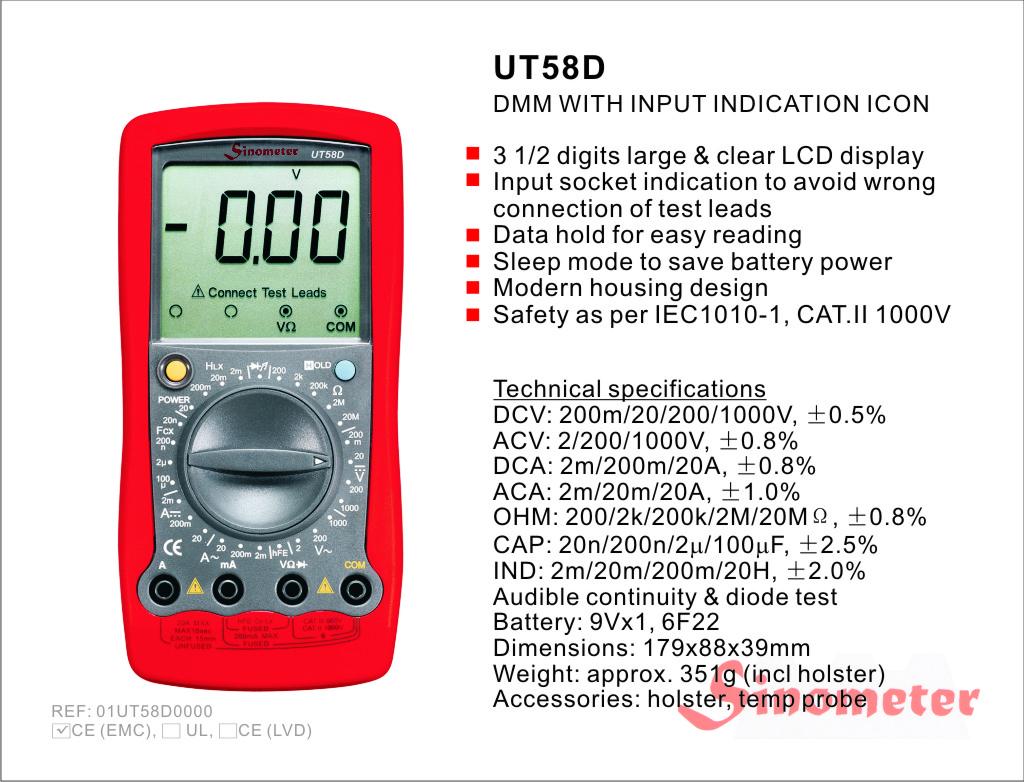 Multimeter UT58D AC/DC Digital LCD DCV/ACV/DCC/ACC/Ohm/Cap/H