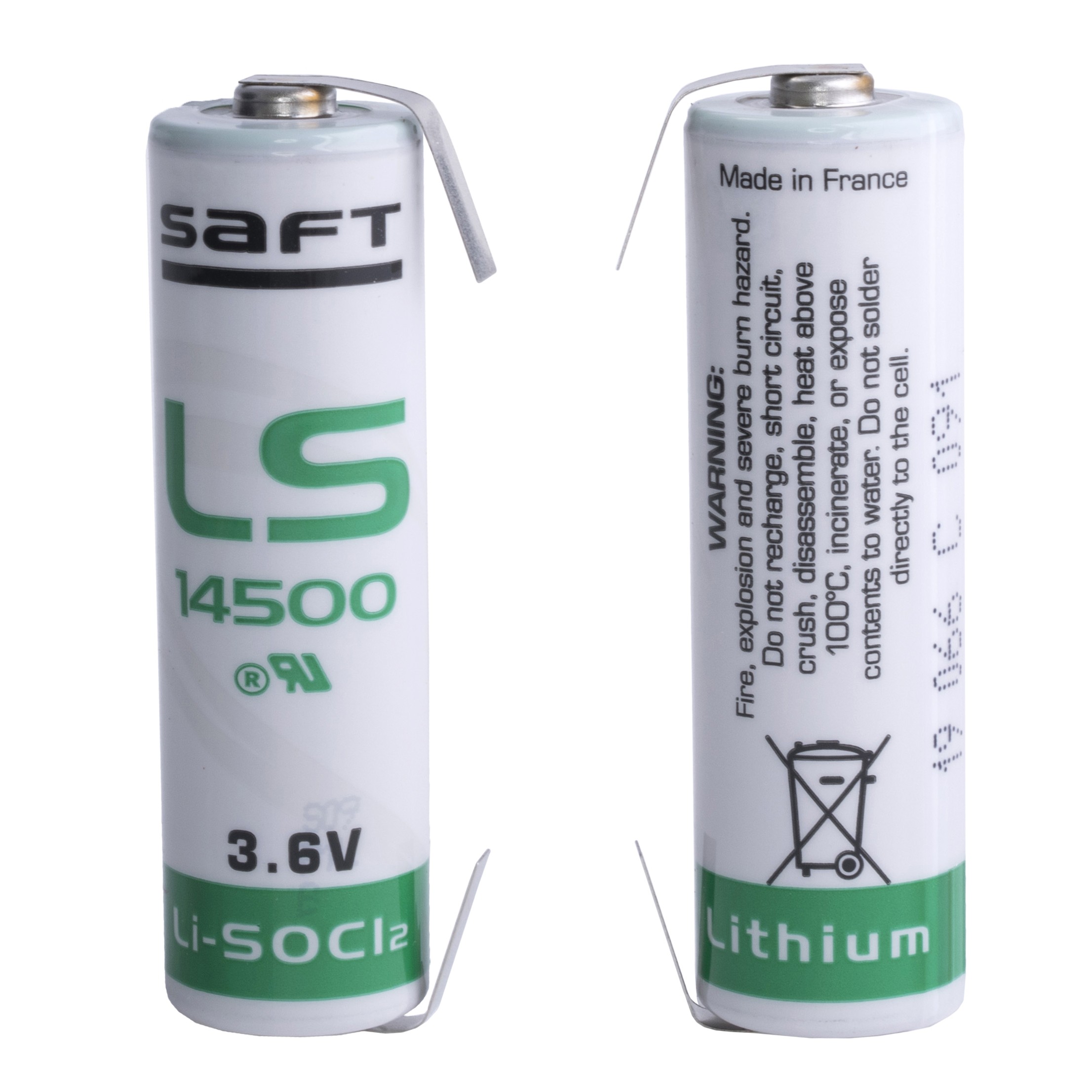 SAFT Lithium Batterie AA LS 14500 CNR mit Lotfahnen U-Formig 3,6V 2,6Ah  Lithium-Thionylchlorid