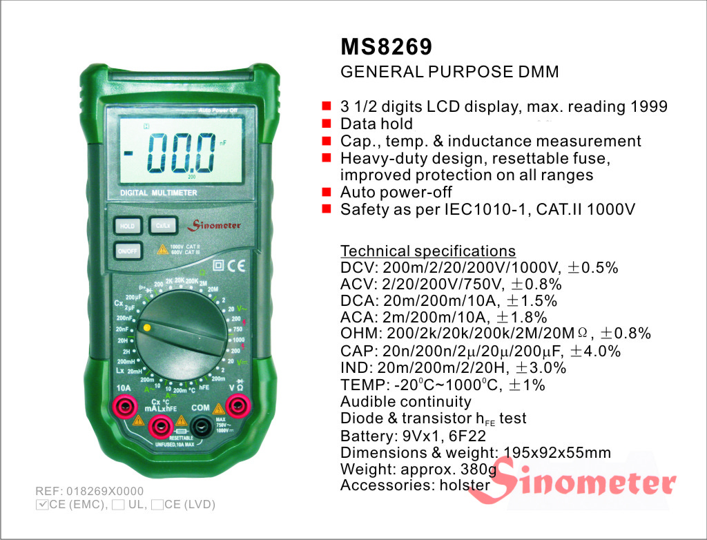 MS8269 Multimeter Sinometer LCR Multimeter DCV/ACV/DCA/ACA/OHM/CAP/ IND/TEMP