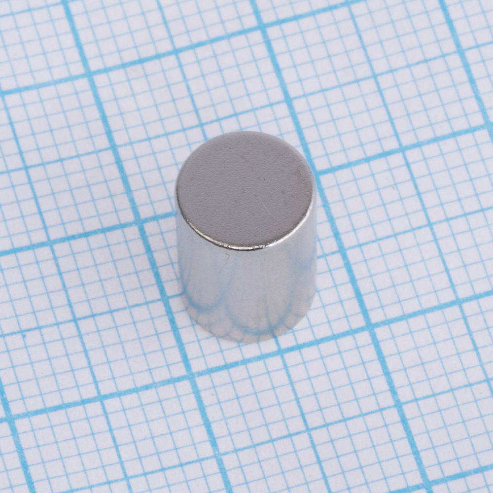 Магнит NdFeB, диск/цилиндр D7,5 x 10 mm (N38), Ni+Cu+Ni (никель)