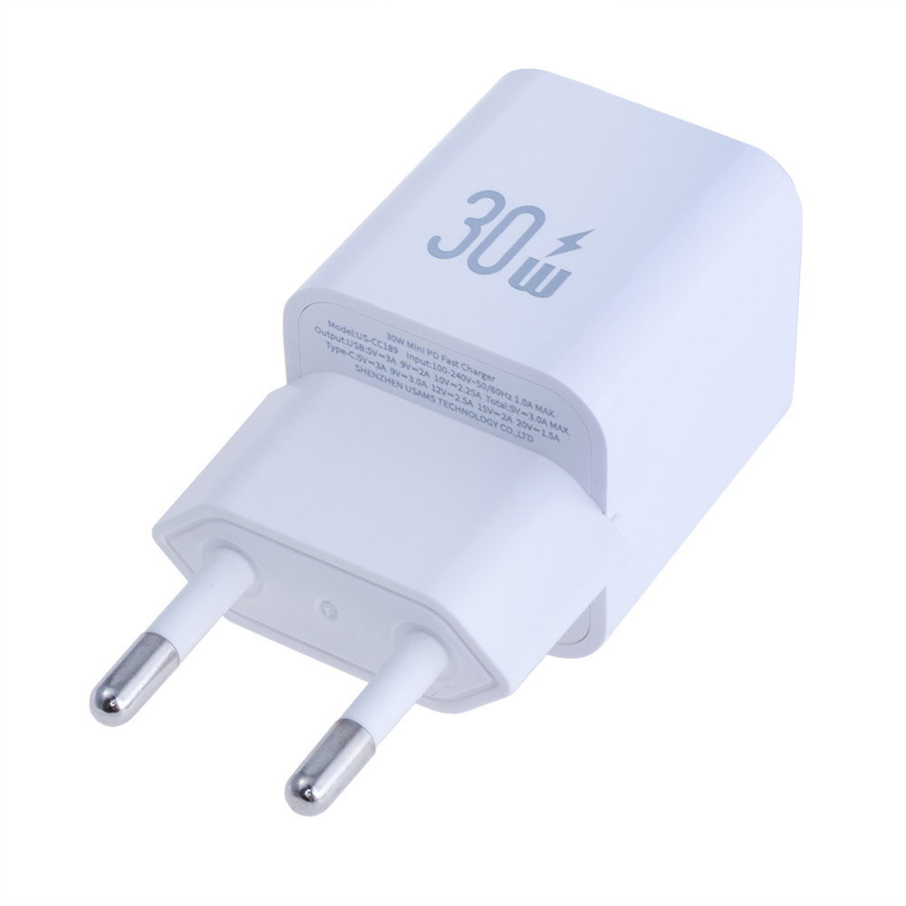 Зарядний пристрій US-CC189 PD30W+QC3.0 A+C Dual-port Fast Charger (white, EU)