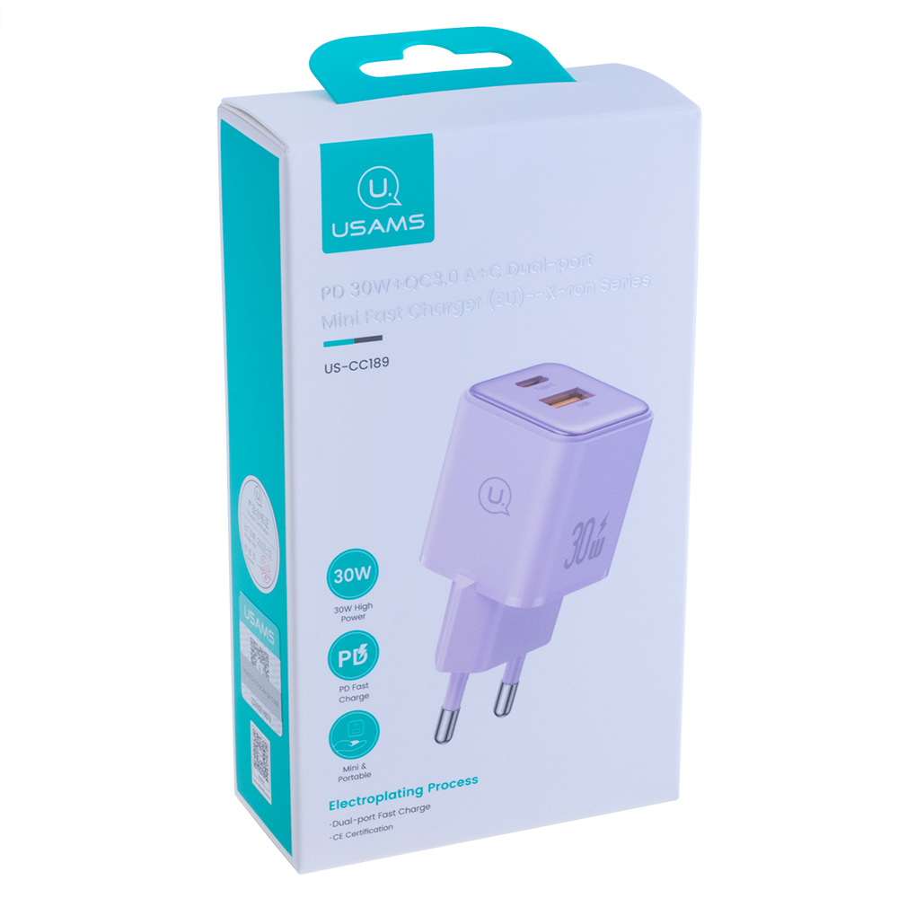 Зарядний пристрій US-CC189 PD30W+QC3.0 A+C Dual-port Fast Charger (purple, EU)