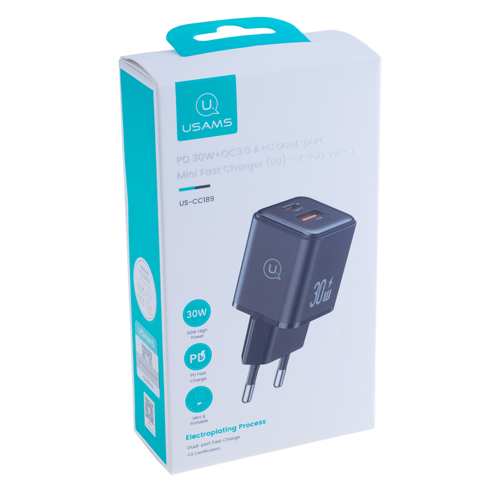 Зарядний пристрій US-CC189 PD30W+QC3.0 A+C Dual-port Fast Charger (black, EU)