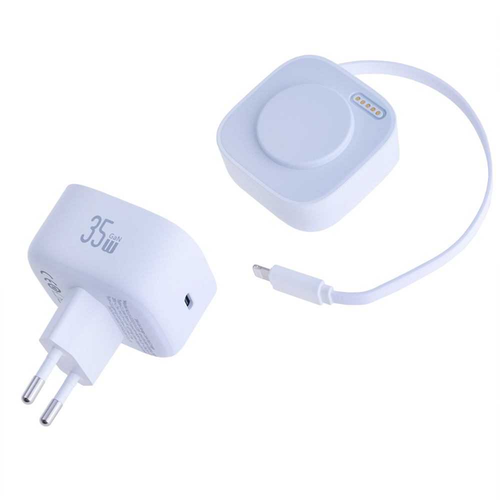 Зарядний пристрій US-CC209 PD35W Dual Port GaN Fast Charger With Lightning Magnetic Telescopic Cable (white, EU)