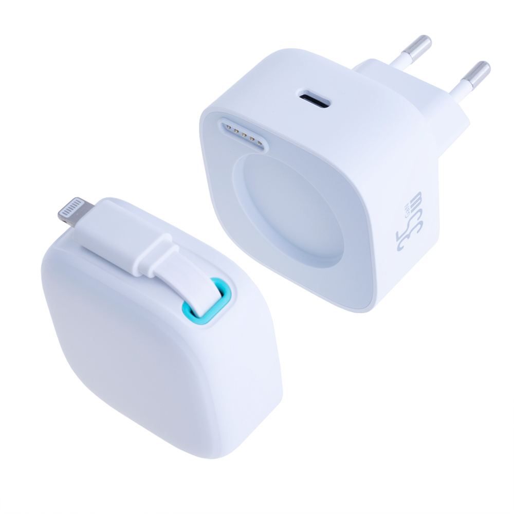 Зарядний пристрій US-CC209 PD35W Dual Port GaN Fast Charger With Lightning Magnetic Telescopic Cable (white, EU)