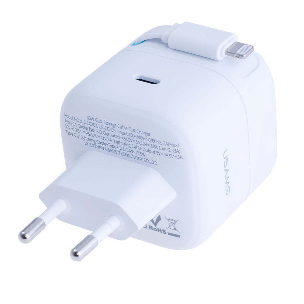 Зарядний пристрій US-CC209 PD35W Dual Port GaN Fast Charger With Lightning Magnetic Telescopic Cable (white, EU)